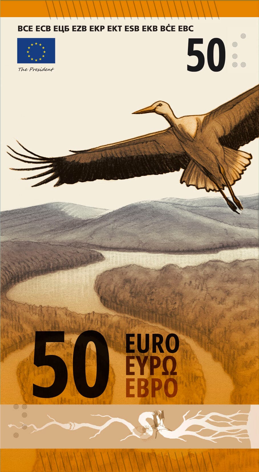 Projekt J banknotu 50 euro z bocianem