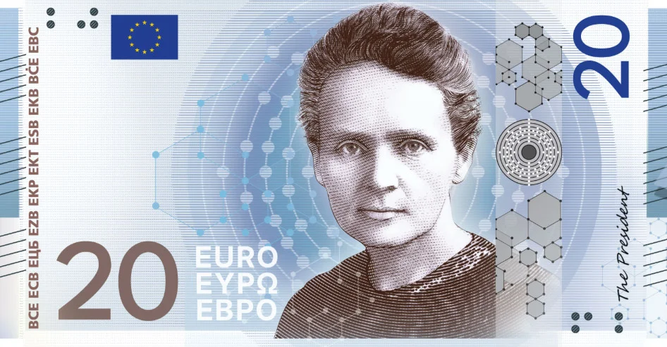 Projekt banknotu 20 euro z Marią Skłodowską-Curie